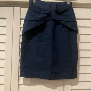 Anthropologie Girls From Savoy Yumi Origami Pencil Skirt Sz 0 Navy Linen Cotton